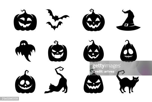 stockillustraties, clipart, cartoons en iconen met collection of happy halloween icons - pompoen