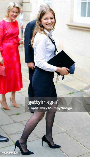 Crown Princess Elisabeth, Duchess of Brabant arrives to attend her Oxford University Graduation Ceremony at the Sheldonian Theatre in Oxford on July...