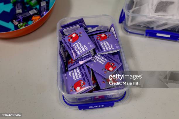 Condoms are seen inside the Athletes' Village ahead of the Paris Olympic Games on July 23, 2024 in Paris, France.