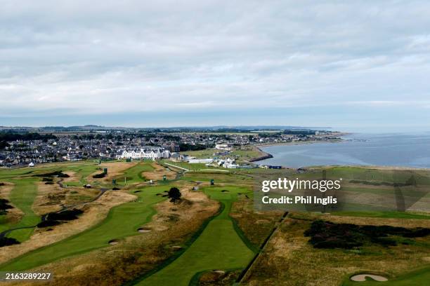 General view of the 5th and 15th hole shot with a drone prior to the Senior Open Championship presented by Rolex at Carnoustie Golf Links on July 23,...