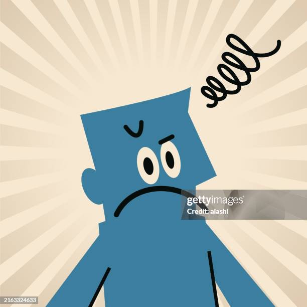 a blue man is very annoyed - mind blown stock illustrations