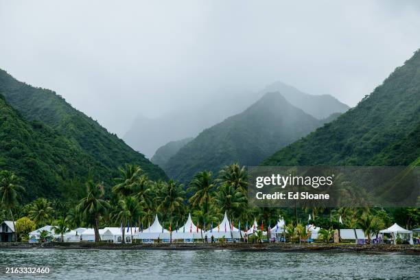 General view of the village of Teahupo'o during day three of training for the Olympic Games Paris 2024 on July 23, 2024 in Teahupo'o, French...