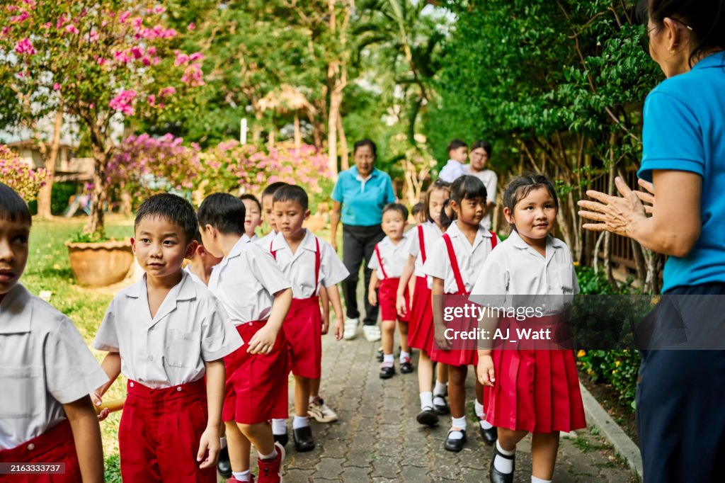 Group of children participate in a game on the school playground