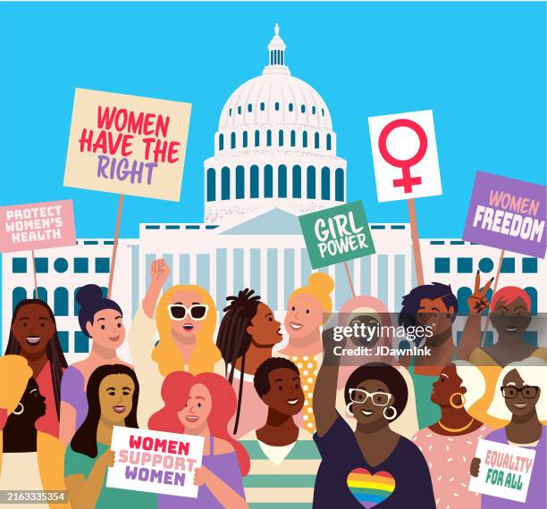 ilustraciones, imágenes clip art, dibujos animados e iconos de stock de multitud de diversas mujeres protesta pacífica en el edificio del capitolio de ee. uu. con letreros, varias expresiones, colores vibrantes, fondo - temas-de-mujeres