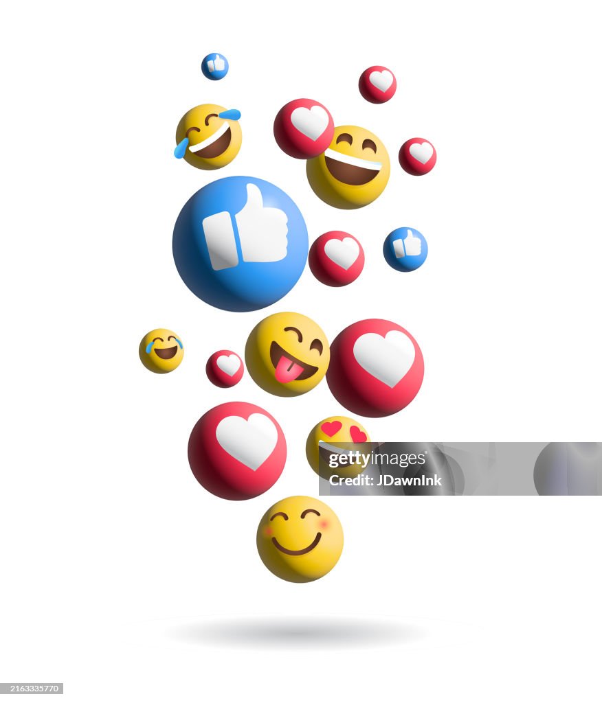 3D Social Media Kommunikation Emojis Weinen Lachen, Lächeln, Daumen hoch Like und Herzen Symbole Hintergrund