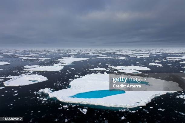 Aerial view over sea ice, drift ice, ice floes with melt ponds containing freshwater in the Arctic Ocean, Nordaustlandet, Svalbard, Spitsbergen.