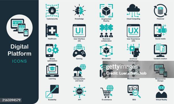 digital platform solid icons collection.e-commerce, e-learning, knowledge, ui, ux, gaming, social media, content creation, business
collaboration, cybersecurity, mobile optimization, healthcare, seo - construction platform stock illustrations