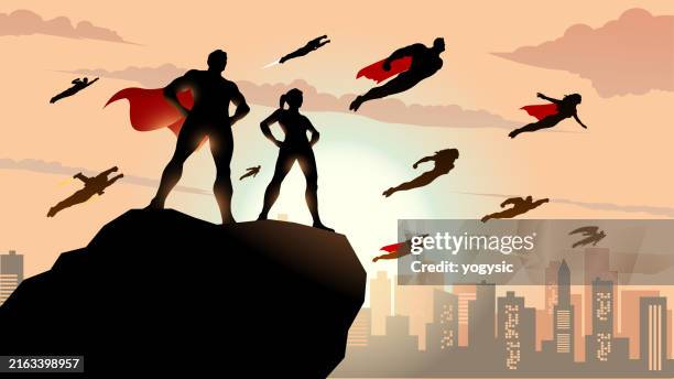 stockillustraties, clipart, cartoons en iconen met vector superhero team silhouettes in a city stock illustration - superheld