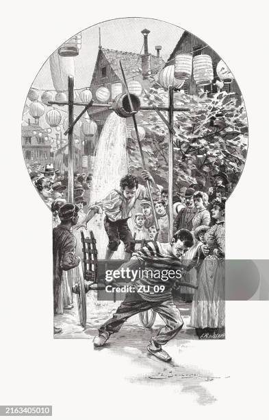 french folk game: washtub pierce, wood engraving, published in 1892 - cleaning piercing stock illustrations