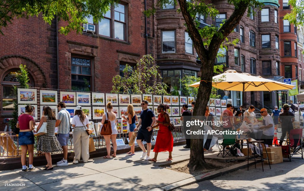 Souvenir Boston prints on sale from sidewalk gallery vendor - Newbury Street - Back Bay - Boston Massachusetts