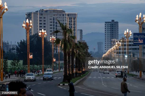 General view of the newly planted trees and light installations is seen in Addis Ababa, Ethiopia, on July 27, 2024. Addis Ababa's urban renewal...