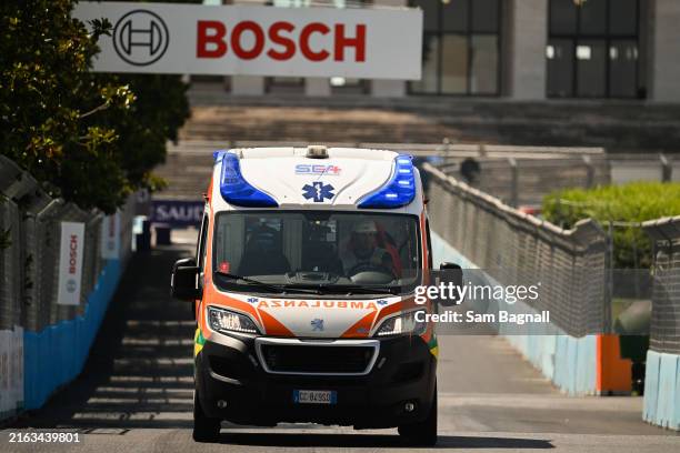 An ambulance heads to the scene of the lap 9 crash during the Rome ePrix I at Circuito Cittadino dell'EUR on Saturday July 15, 2023 in Rome, Italy.