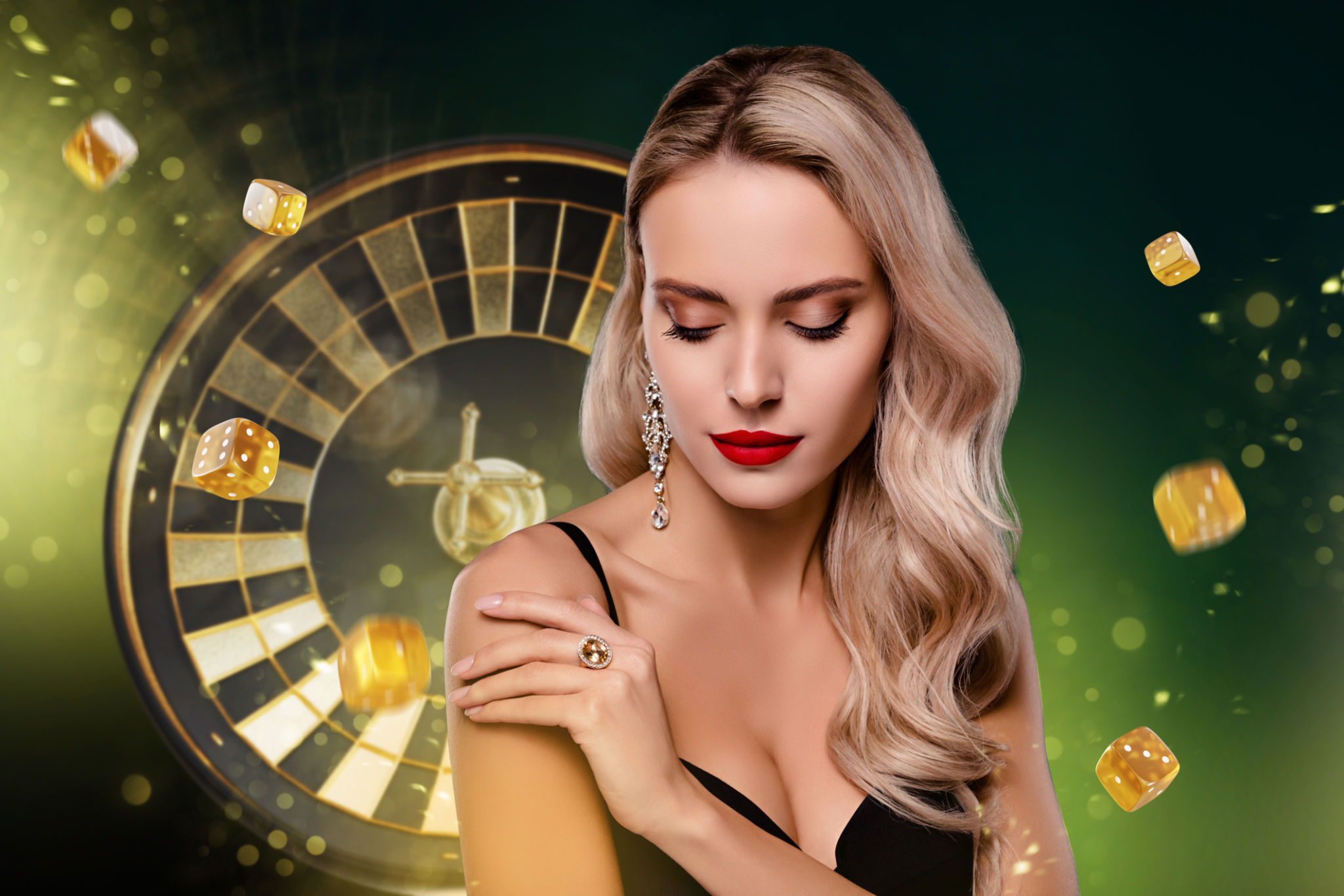 3d collage picture of charming classy lady hand touch shoulder casino dice cubes spinning roulette wheel 3d collage picture of charming classy lady hand touch shoulder casino dice cubes spinning roulette wheel