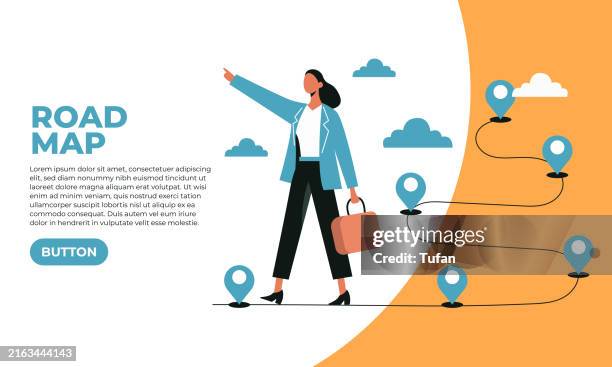 straßenkarte - geschäftsfrau mit aktentasche und vorwärts zeigend mit kartenmarkern - flache vektorillustration - work-in-progress-icon stock-grafiken, -clipart, -cartoons und -symbole