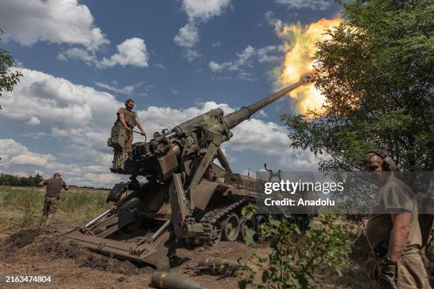 Ukrainian soldiers fire the 'Pion' artillery at their combat position in Donetsk oblast, Ukraine on July 26, 2024.