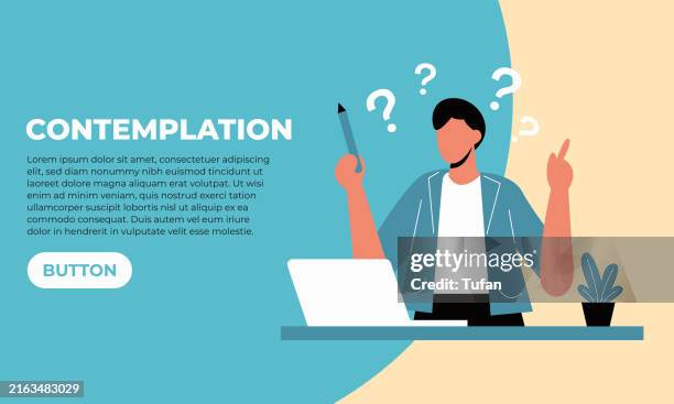 contemplation, problem solving, decision making process, flat vector illustration, web banner and slider design, business strategy, professional reflection concept - business question stock illustrations