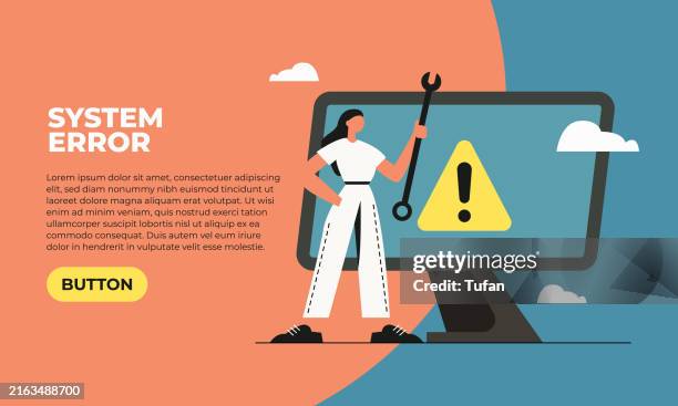 system error, technical issue resolution, it support, flat vector illustration, web banner and slider design, computer troubleshooting, maintenance and repair - system failure stock illustrations