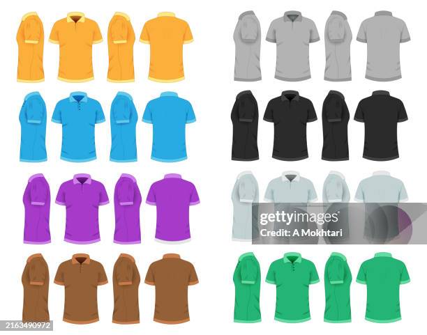 ilustraciones, imágenes clip art, dibujos animados e iconos de stock de conjunto de polos en diferentes colores. - camisa de polo