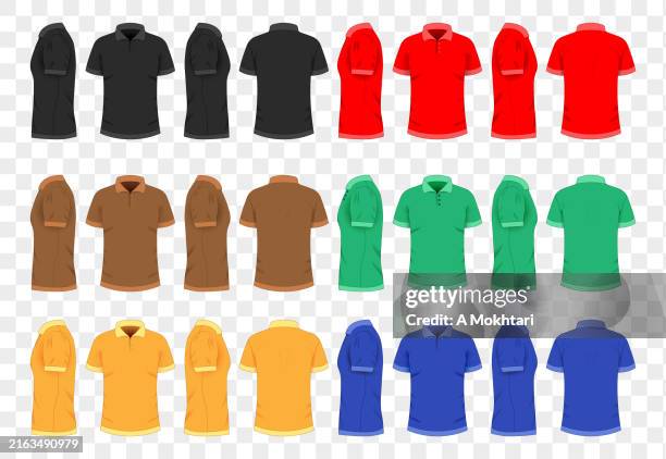 ilustraciones, imágenes clip art, dibujos animados e iconos de stock de conjunto de polos en diferentes colores. - camisa de polo