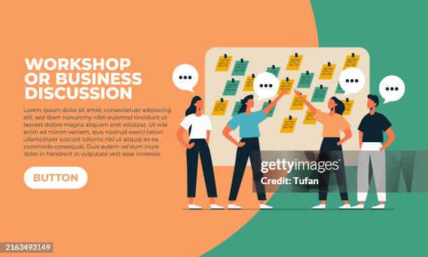 workshop or business discussion, team collaboration, brainstorming session, strategy planning, web slider banner for corporate meetings and workshops - post it note on computer stock illustrations