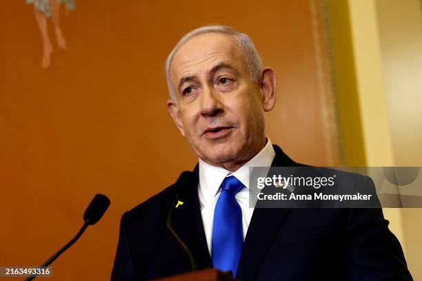 Israeli Prime Minister Benjamin Netanyahu speaks to reporters alongside Speaker of the House Mike Johnson at the U.S. Capitol Building on July 24,...