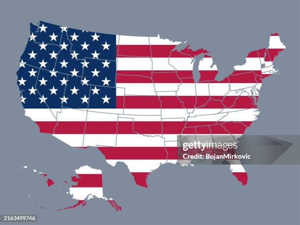 ilustraciones, imágenes clip art, dibujos animados e iconos de stock de mapa de la bandera de ee. uu. mapa detallado con estados divididos, incluidos hawái y alaska, con una capa separada para cada estado. vector - oregón estado de los ee uu
