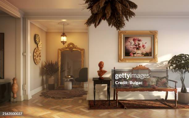 elegantes vintage-wohnzimmer mit klassischem dekor - antiquität stock-fotos und bilder