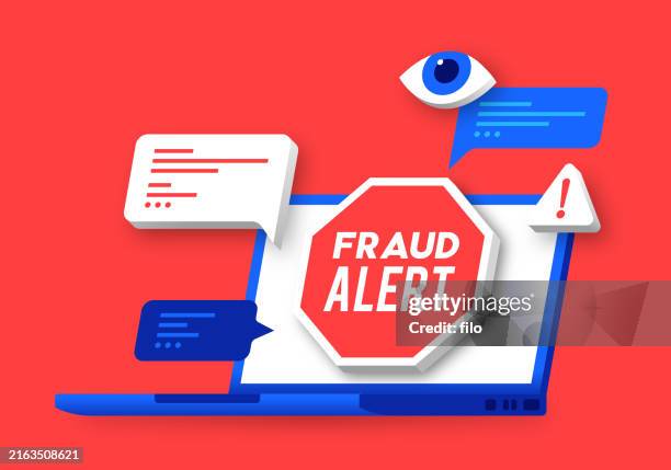 stockillustraties, clipart, cartoons en iconen met fraud alert warning online computer crime laptop - witteboordencriminaliteit