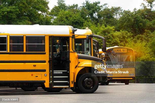 school buses in the school yard - bus scolaire photos et images de collection