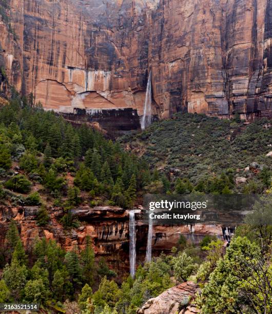 3 waterfalls as seen from the lower emerald pools trail in zion national park - virgin river stock pictures, royalty-free photos & images