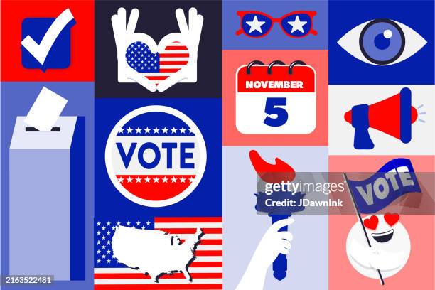 us elections voting concept geometric icons background with text, flags, symbols, patriotic symbols - emoticon-pattern stock illustrations