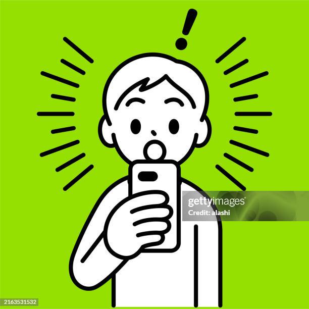 ein junge schaut schockiert oder überrascht auf sein smartphone, minimalistischer stil mit schwarz-weißem umriss - informationsüberflutung stock-grafiken, -clipart, -cartoons und -symbole