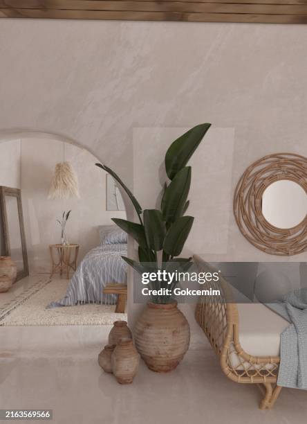 interni della camera da letto mediterranea della casa sulla spiaggia, rendering 3d. - casa al mare foto e immagini stock