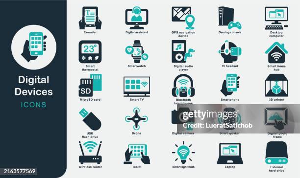 digital devices solid icons collection. smartphone, tablet, laptop, smartwatch, e-reader, smart speaker, vr headset, gaming console, desktop computer, smart tv, smart thermostat, smart home hub, drone - smart-home-device-icons stock illustrations