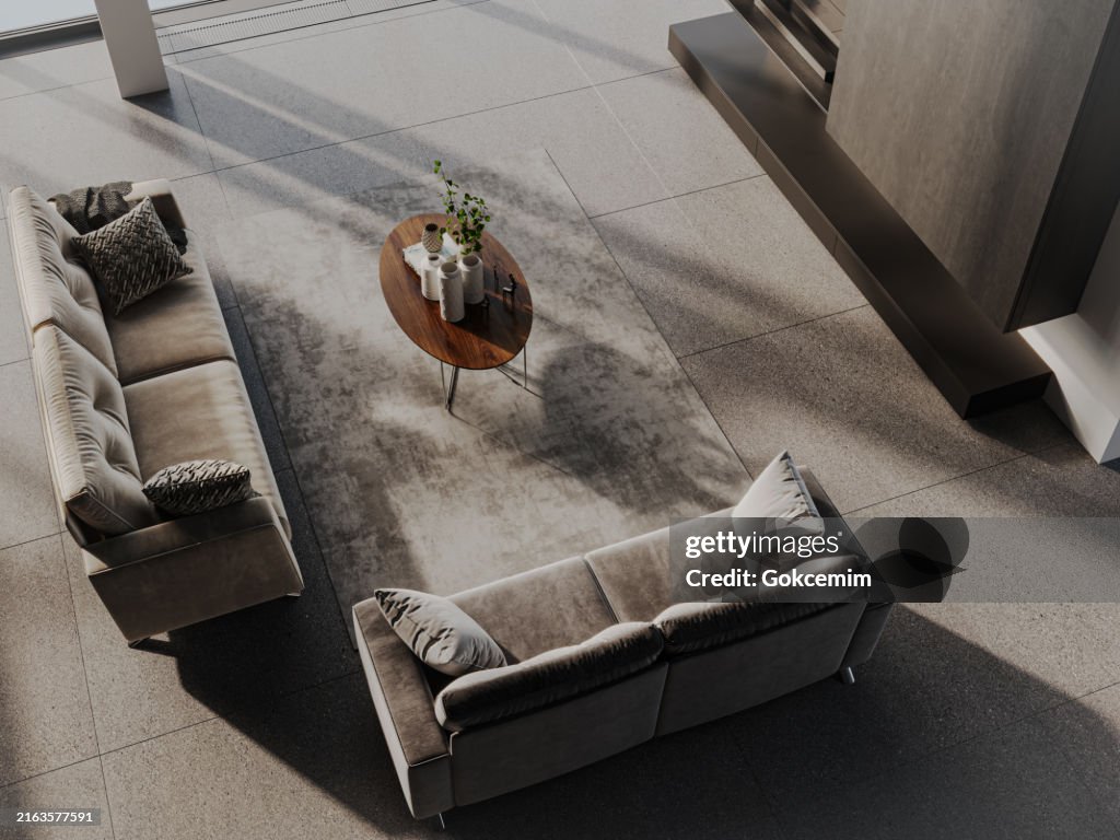 Top view of a luxury modern living room with cozy beige sofas and tv unit furniture. Domestic Room Interior Design. 3D Modelling.