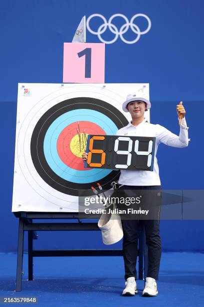 Lim Sihyeon of Team Republic of Korea celebrates after breaking the world record during the Women's Archery Individual Ranking Round on Day -1 of the...
