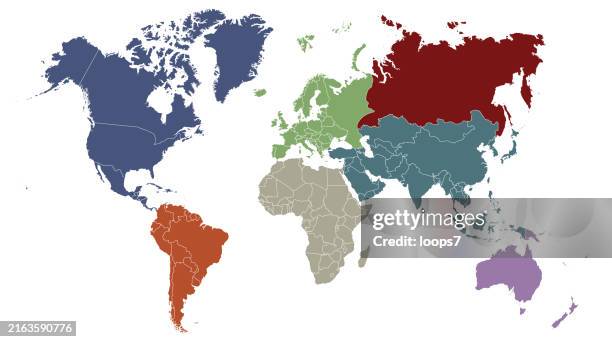 ilustraciones, imágenes clip art, dibujos animados e iconos de stock de mapa del mundo detallado dividido en seis continentes - versión precisa y correcta - islas del pacífico