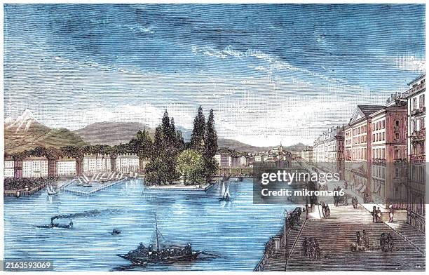 old engraved illustration of geneva, the second-most populous city in switzerland - region new england bilder stock-fotos und bilder