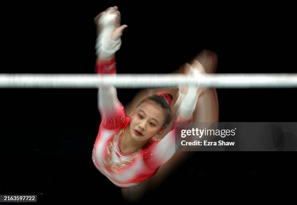 Qiu Qiyuan of Team China practices on the uneven bars during a Gymnastics training session in the Bercy Arena ahead of the Paris 2024 Olympic Games...