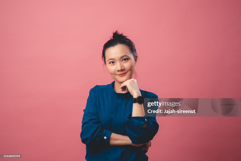 Asian woman happy smiling with confidence, isolated on background.