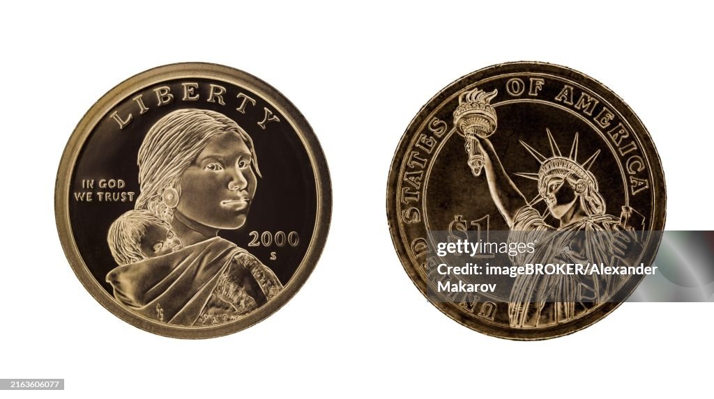 US one dollar coin, Sacagawea and Statue of Liberty. Isolated on white background