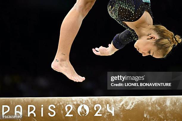Brazil's Flavia Saraiva competes in the balance beam event of the artistic gymnastics women's qualification during the Paris 2024 Olympic Games at...