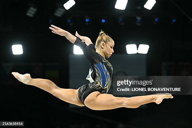Brazil's Flavia Saraiva competes in the balance beam event of the artistic gymnastics women's qualification during the Paris 2024 Olympic Games at...