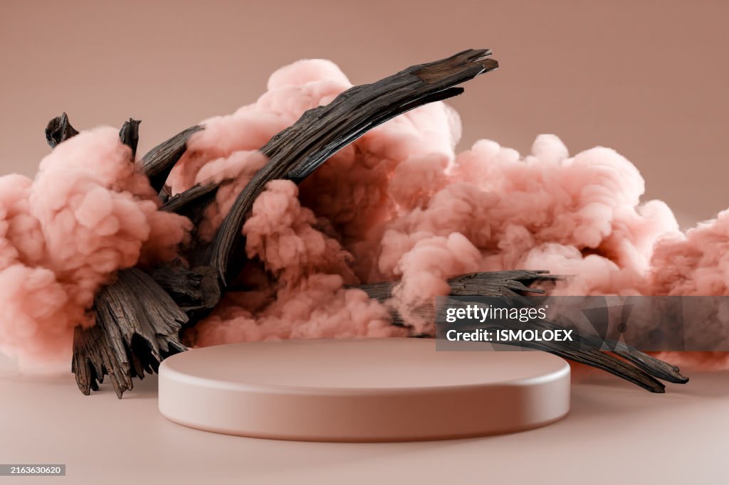 Abstract Minimalist Product Display with Pink Smoke and Wooden Branches