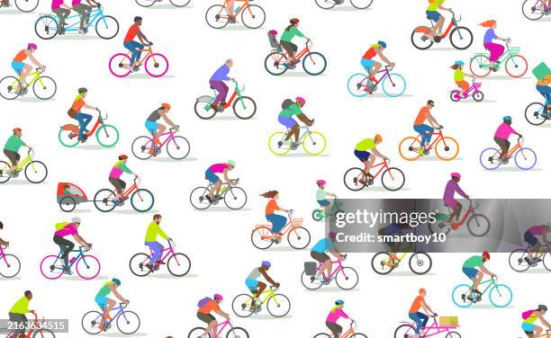 bildbanksillustrationer, clip art samt tecknat material och ikoner med diverse group of people on bikes - cyklist