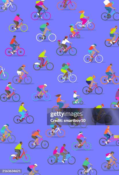 diverse group of people on bikes - 80s workout stock illustrations
