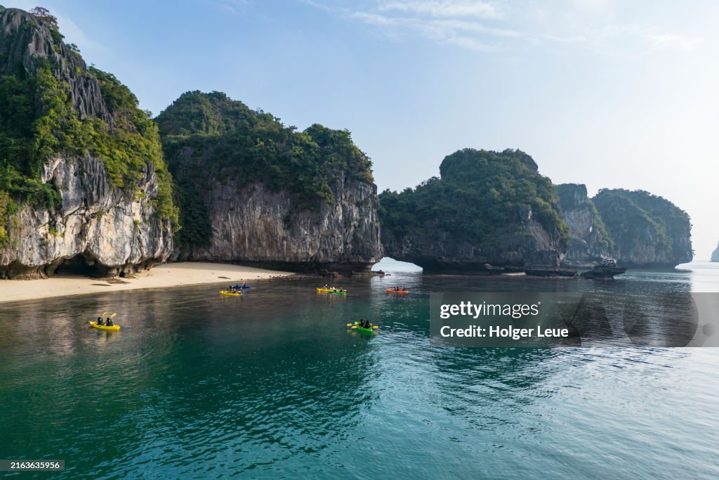Aerial of sea kayaking excursion for passengers of boutique cruise ship Ylang (Heritage Line)