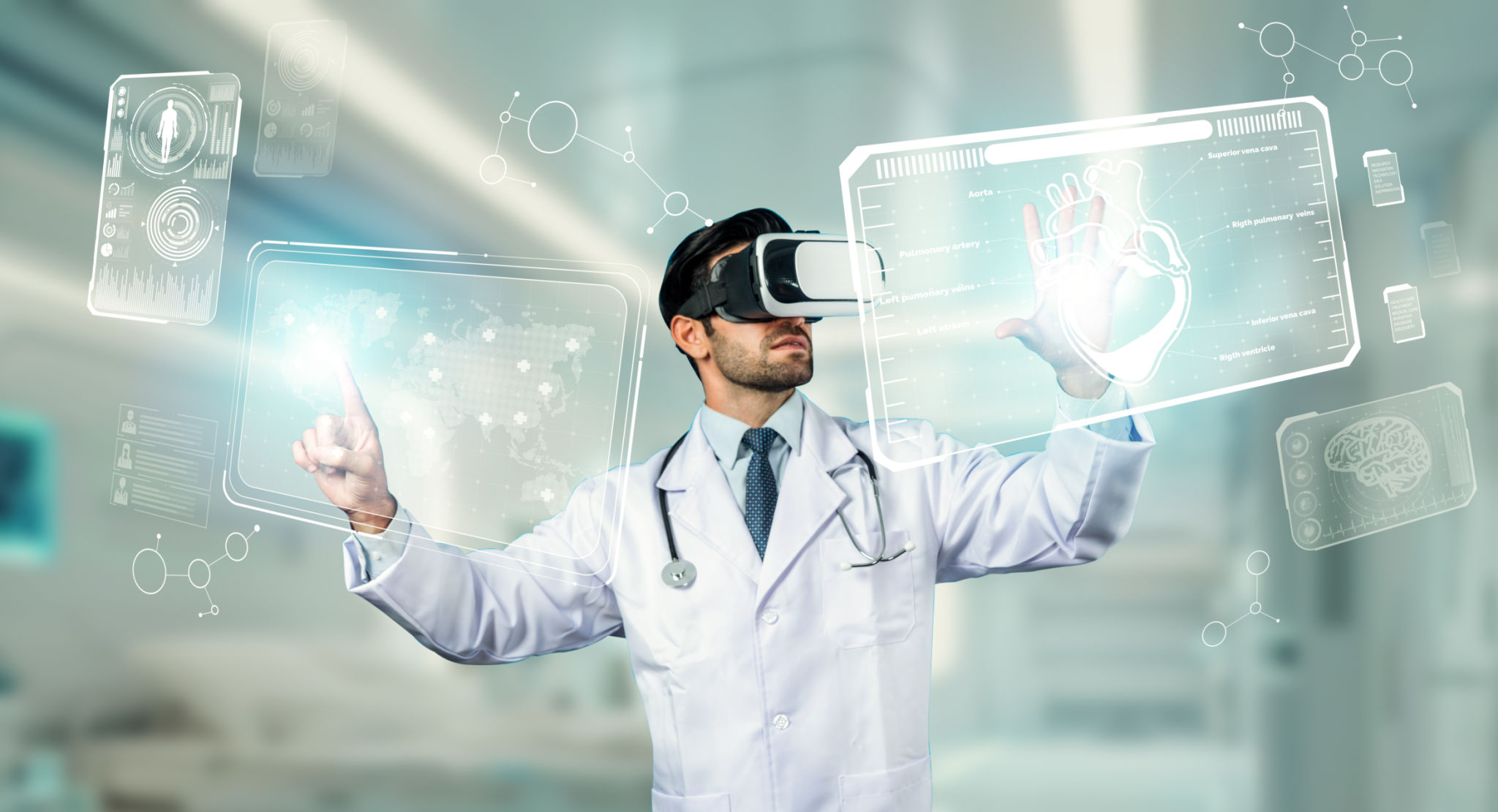 Doctor wearing lab coat and VR headset while looking at hologram. Deviation. Doctor wearing lab coat and VR headset while looking at hologram. Deviation.