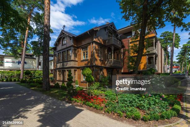beautiful wooden latvian houses, traditional architecture of jurmala - jurmala beach stock pictures, royalty-free photos & images