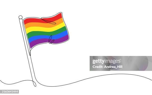 ilustraciones, imágenes clip art, dibujos animados e iconos de stock de pride flag dibujo de línea continua con trazo editable, elementos de color y espacio de copia - bandera del arco iris